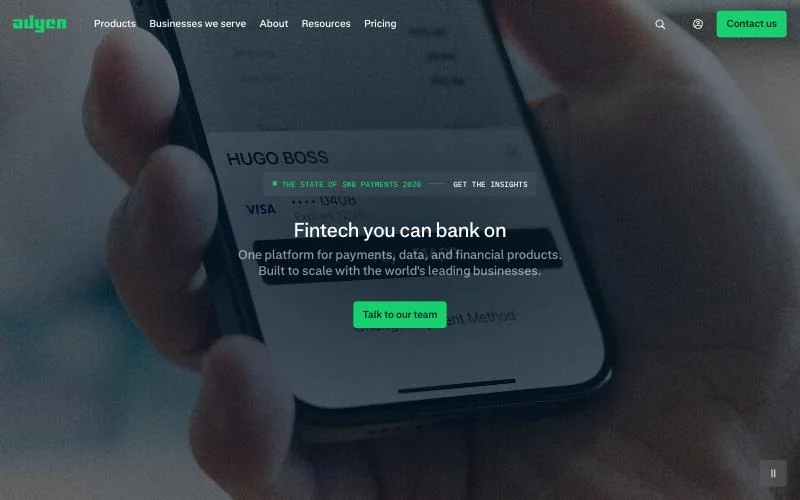 Adyen homepage with the tagline fintech you can bank on