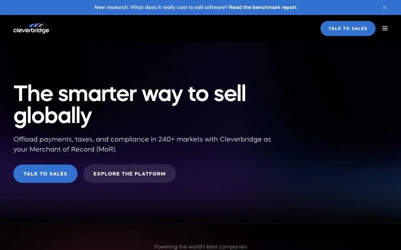 Cleverbridge homepage offering merchant of record services in 240+ markets
