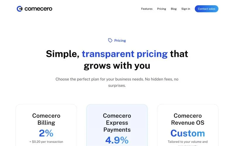 Comecero pricing page showing Billing at 2%, Express Payments at 4.9% and custom Revenue OS plans