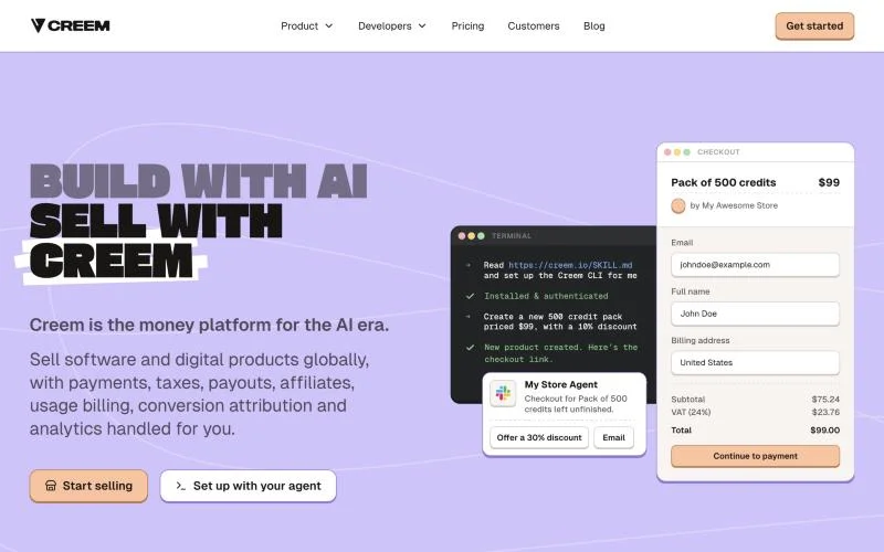 Creem homepage with an example checkout for a pack of 500 credits