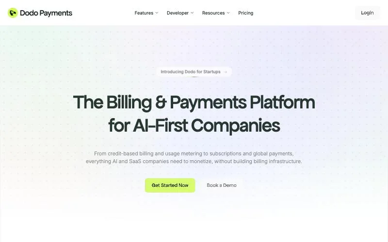 Dodo Payments homepage for billing and payments for AI-first companies