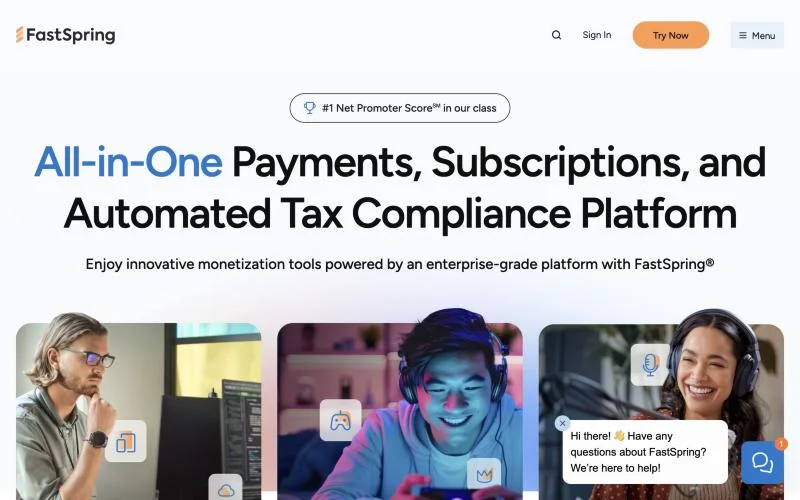 FastSpring homepage describing its payments, subscriptions and tax compliance platform
