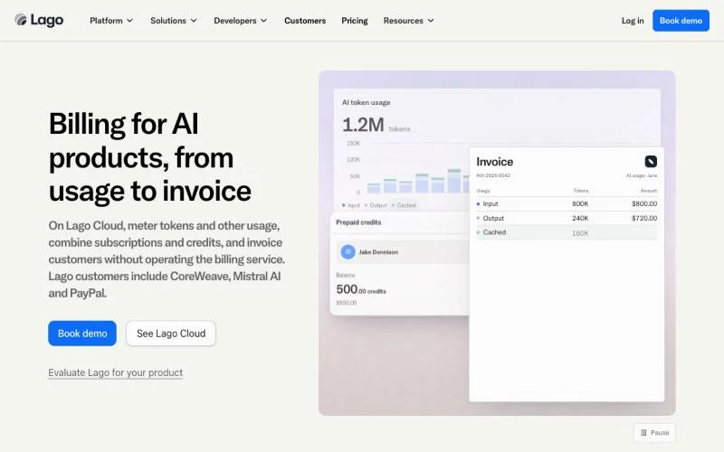 Lago homepage showing AI token usage and a usage-based invoice