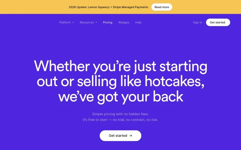 Lemon Squeezy pricing page with the 2026 Lemon Squeezy and Stripe Managed Payments banner