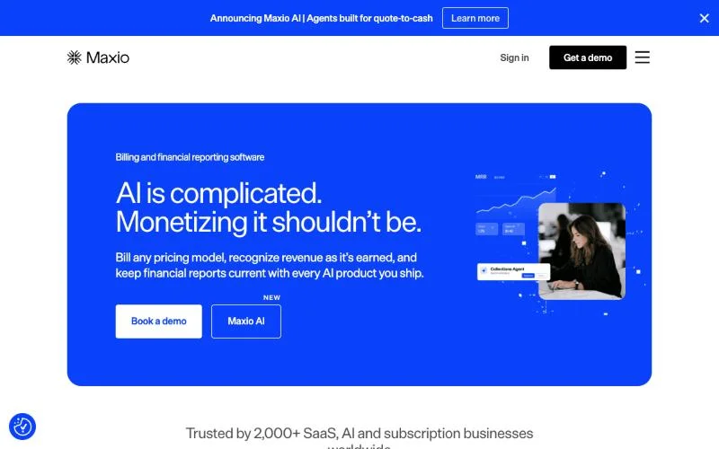 Maxio homepage for billing and financial reporting for B2B SaaS and AI