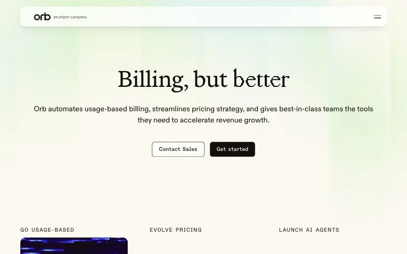 Orb homepage describing automated usage-based billing