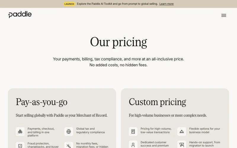 Paddle pricing page showing pay-as-you-go and custom pricing plans