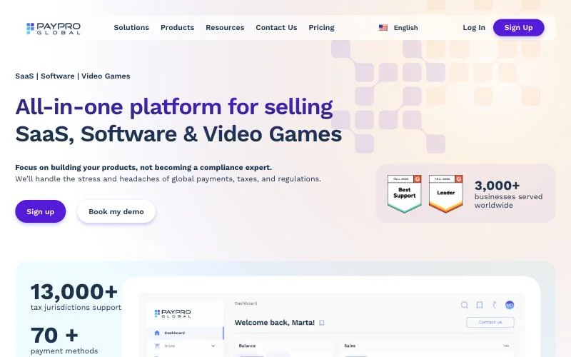 PayPro Global homepage for selling SaaS, software and video games