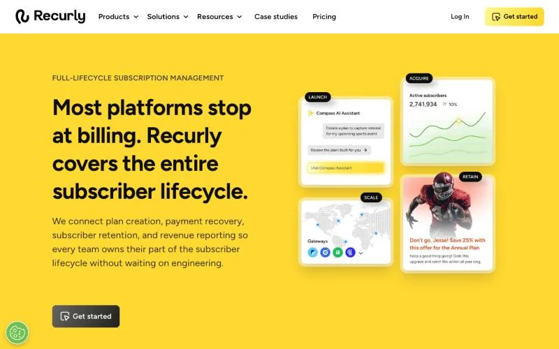 Recurly homepage describing full-lifecycle subscription management