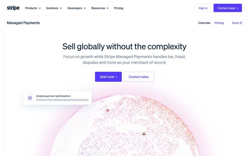 Stripe Managed Payments page describing Stripe as merchant of record