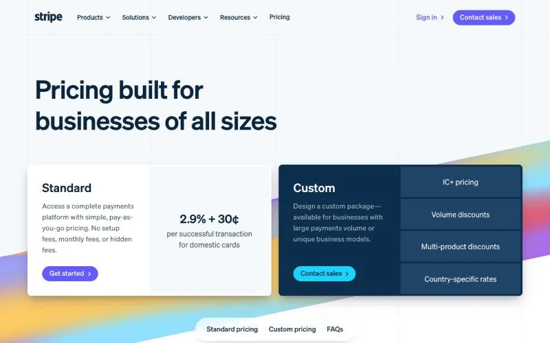 Stripe pricing page showing 2.9% plus 30 cents per successful domestic card transaction