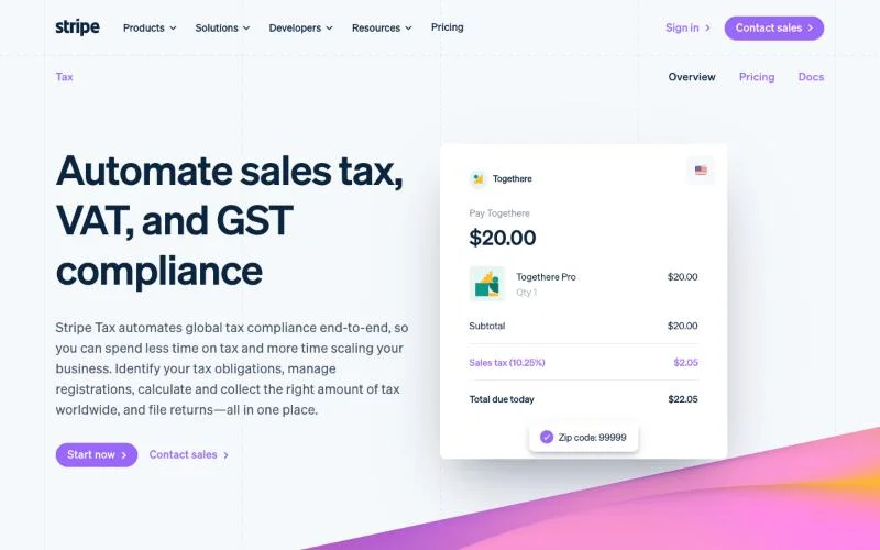 Stripe Tax page about automating sales tax, VAT and GST compliance